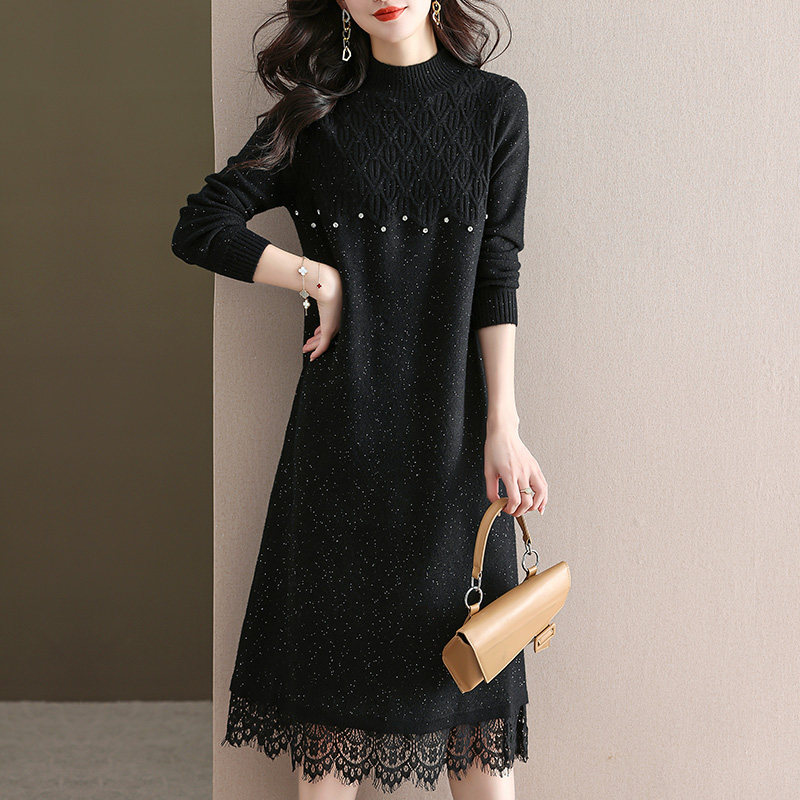 オケージョン ドレス パール付きニット素材裾レース切替ワンピース