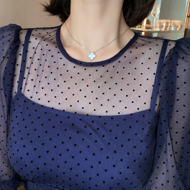 オケージョン ドレス ドット柄チュール袖マーメイドラインドレス