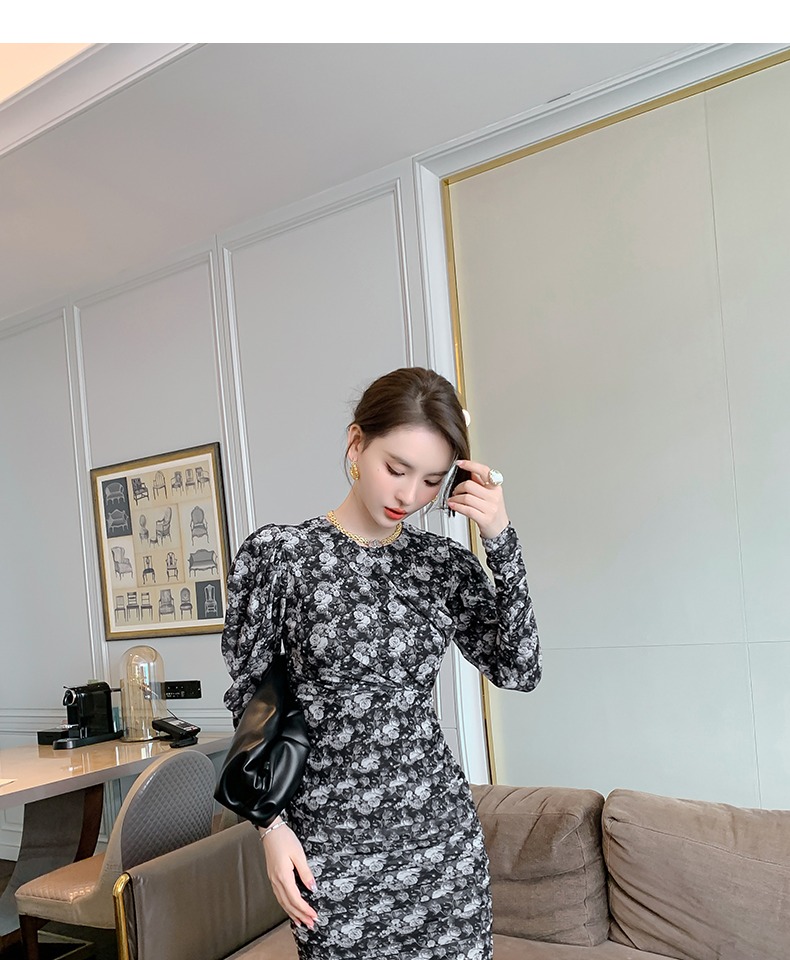 オケージョン ドレス 花柄刺繍パフスリーブタイトドレス