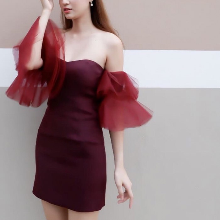 オケージョン ドレス 華やかな袖取り外し式チュール装飾肩出しパーティー衣装