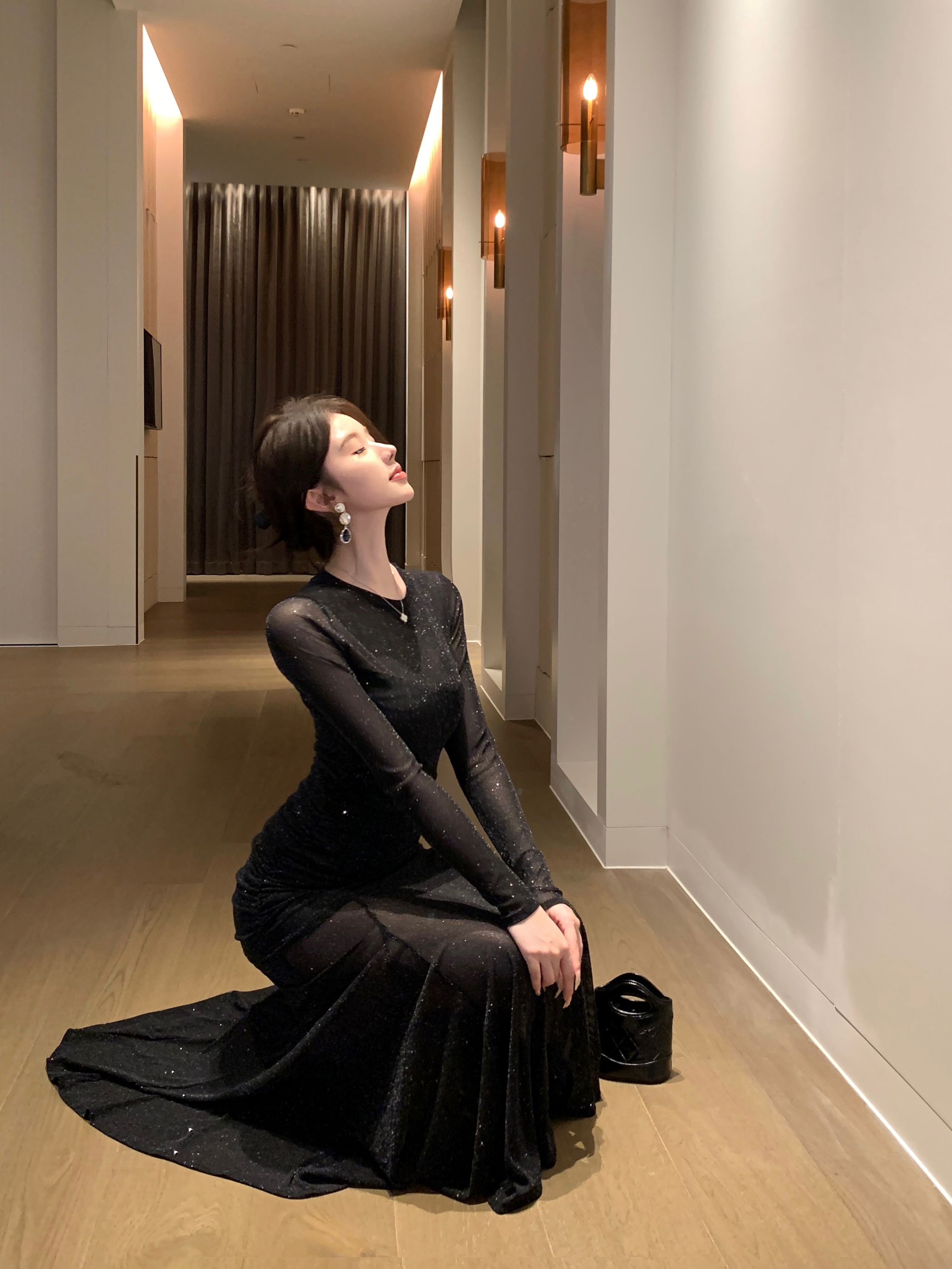 オケージョン ドレス 煌めきラメシアー長袖マーメイドタイトドレス