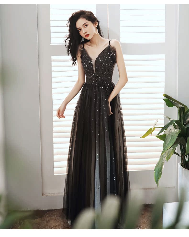 オケージョン ドレス 星空刺繍チュール深胸ロング丈オケージョンドレス