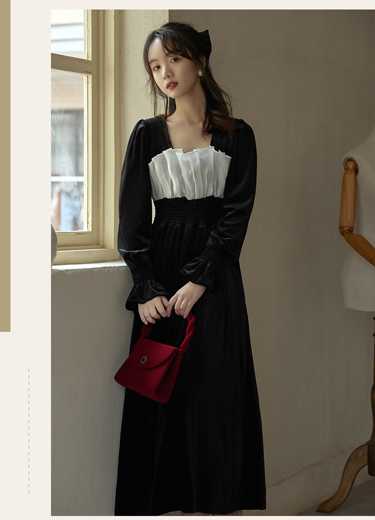 オケージョン ドレス 胸元切替フリル袖ベロアロングドレス