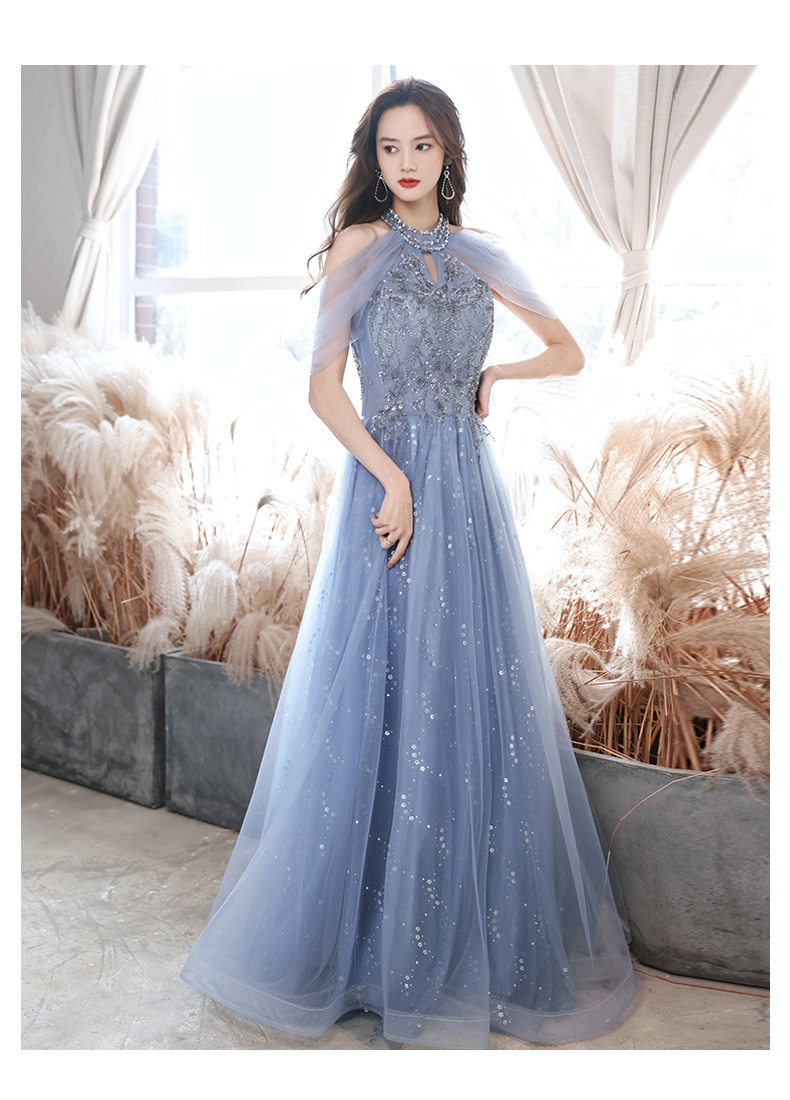 オケージョン ドレス 星空刺繍ホルターネックチュールロングドレス