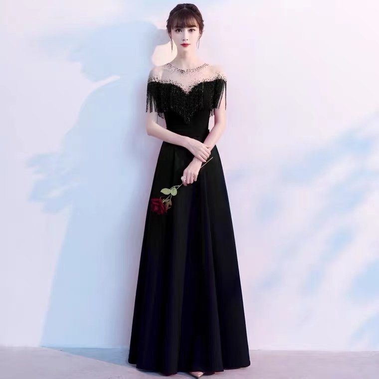 オケージョン ドレス ビーズ刺繍フリンジ肩透けオフショルダードレス