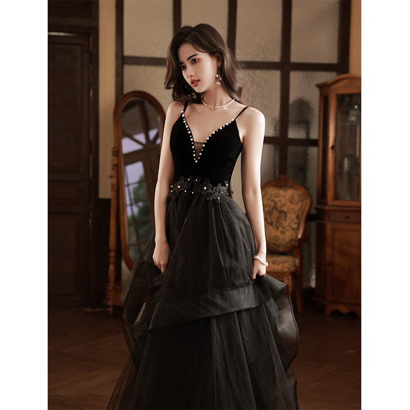 オケージョン ドレス パール装飾ベルベット切替ボリュームチュールロングドレス