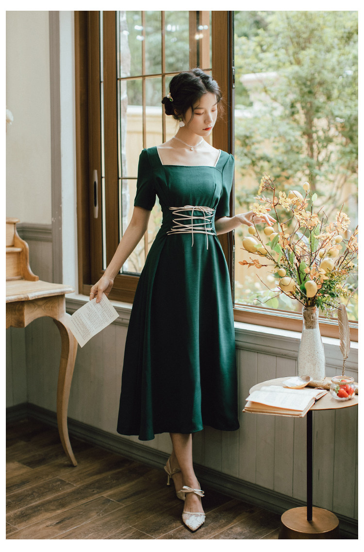 オケージョン ドレス スクエアネック編み上げベルト付きロングワンピース