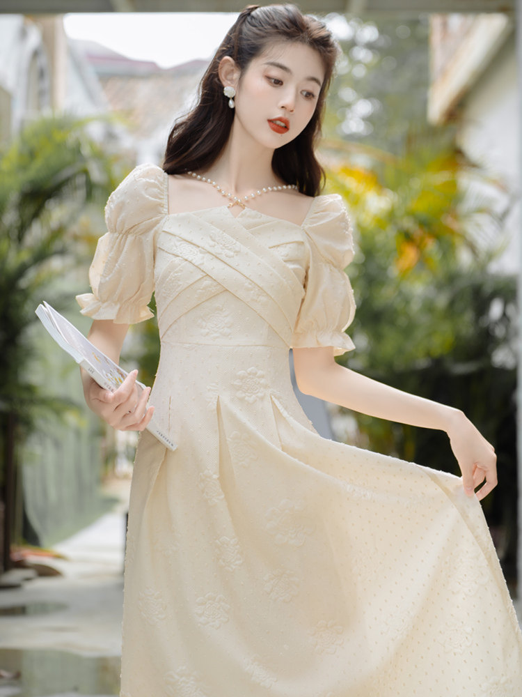 オケージョン ドレス オフショルダーパフスリーブ刺繍ジャガードワンピース