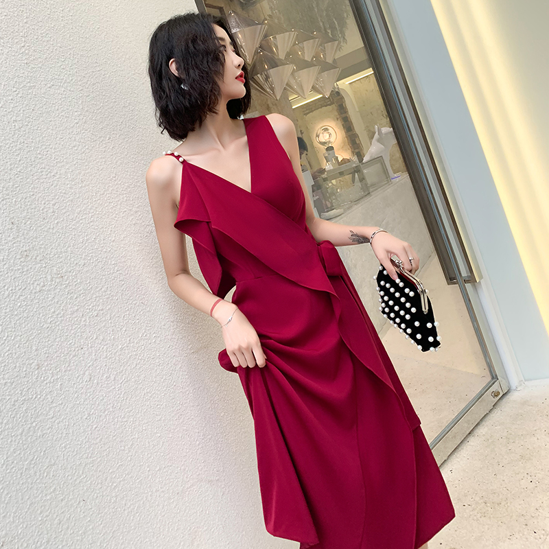 オケージョン ドレス パール付き非対称フリル深Vネックワンピース