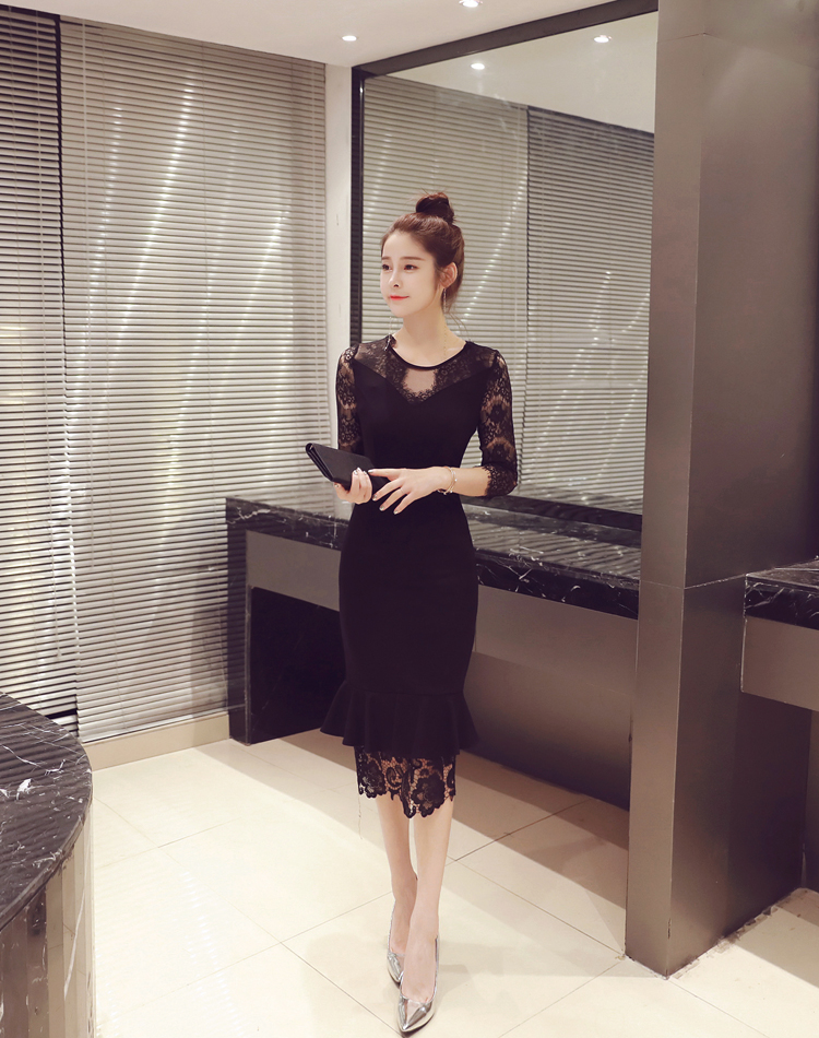 オケージョン ドレス 総レース袖エレガント裾広がりマーメイドドレス