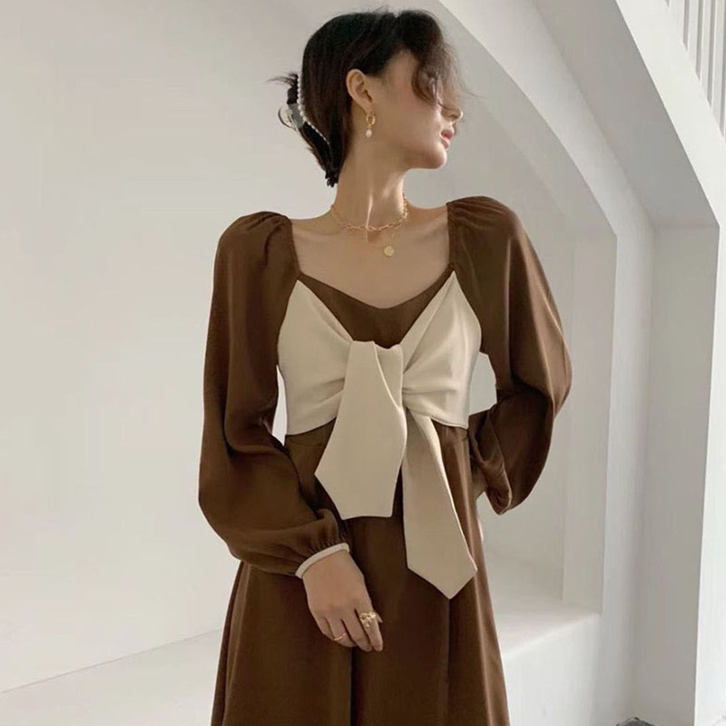 オケージョン ドレス 配色リボンタイ付きパフスリーブワンピース