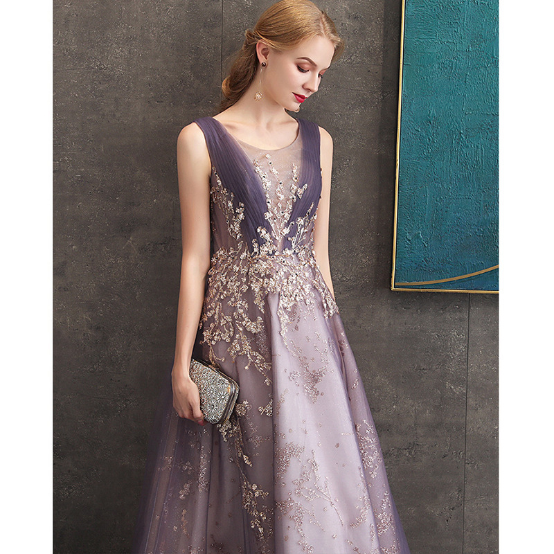 オケージョン ドレス 煌めく花刺繍チュール袖なしロング丈ドレス