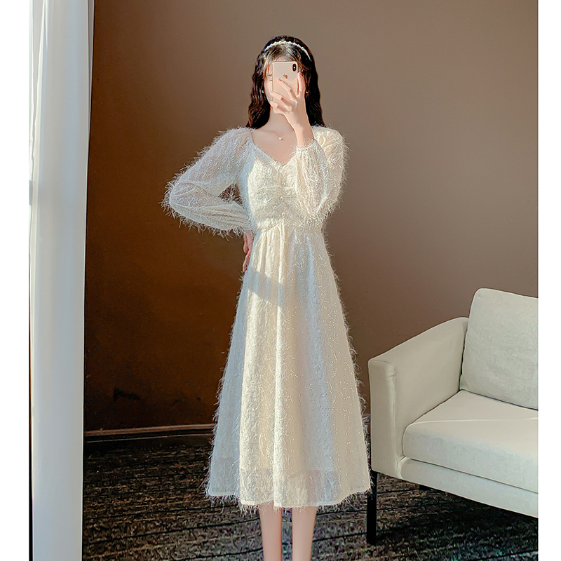 オケージョン ドレス ファー付き長袖ラメ刺繍ロング丈ワンピース