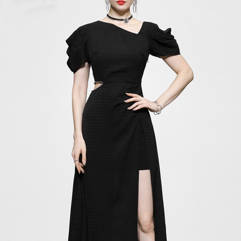 オケージョン ドレス パフスリーブアシンメトリーサイドスリット入りワンピース