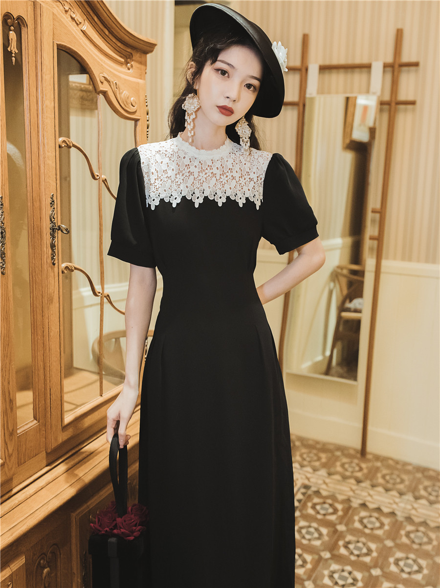 オケージョン ドレス 花柄レースカラー付きパフスリーブワンピース