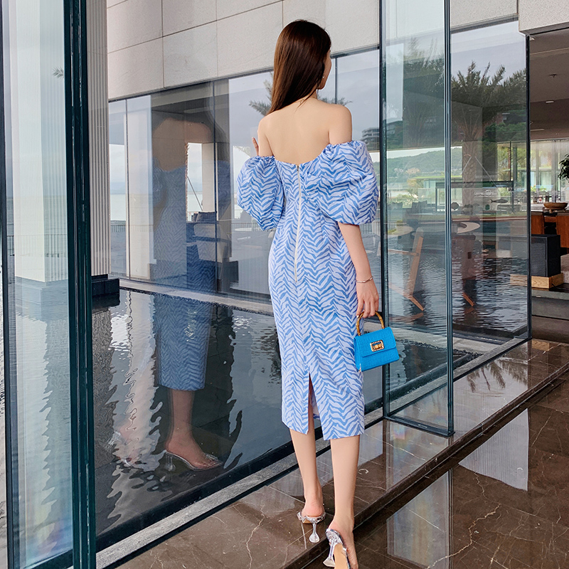 オケージョン ドレス 幾何学柄パフスリーブオフショルダーミディ丈ドレス