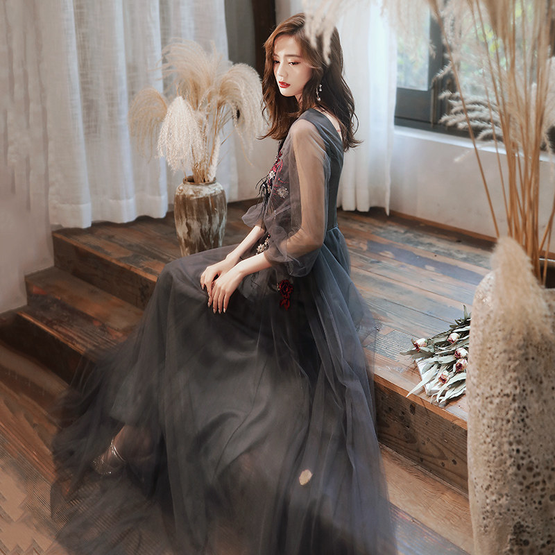 オケージョン ドレス 花刺繍シアースリーブチュールロングドレス