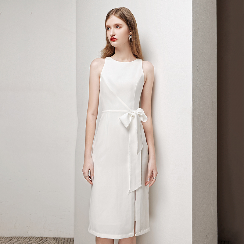 オケージョン ドレス サイドリボンスリット入りノースリーブワンピース