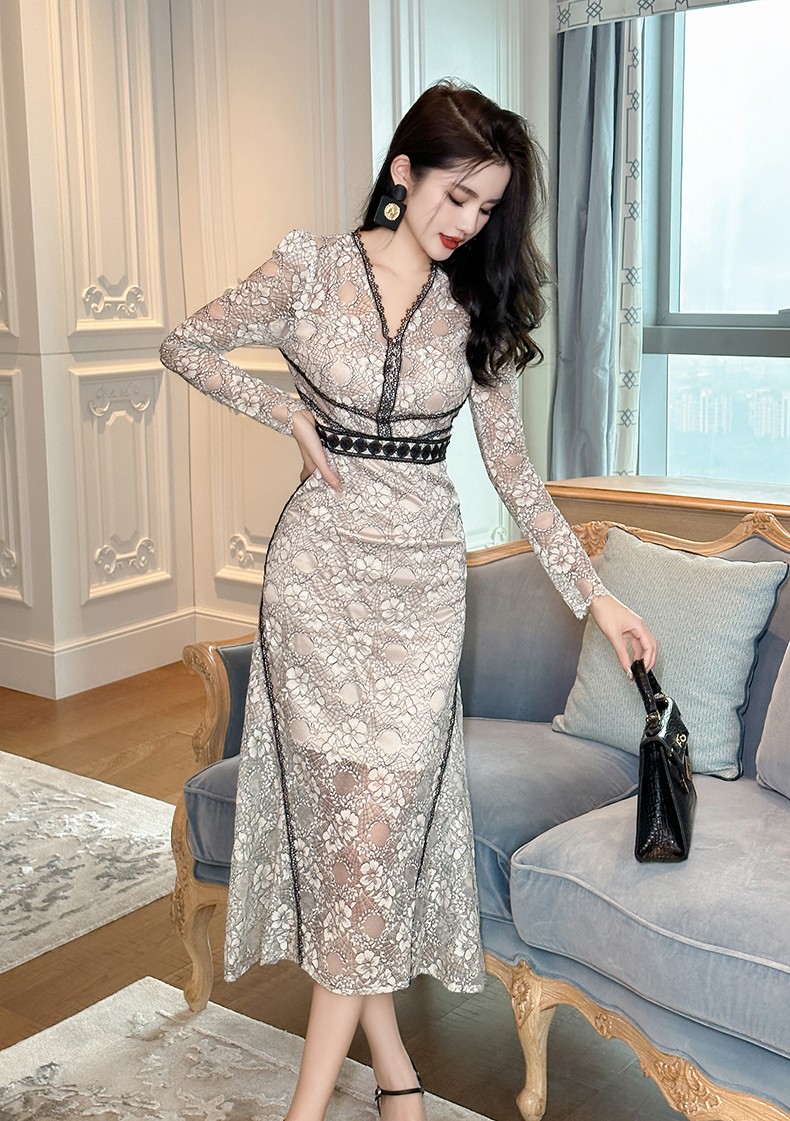 オケージョン　ドレス オケージョン　ドレス 優美レース 深みVネック ロングワンピース