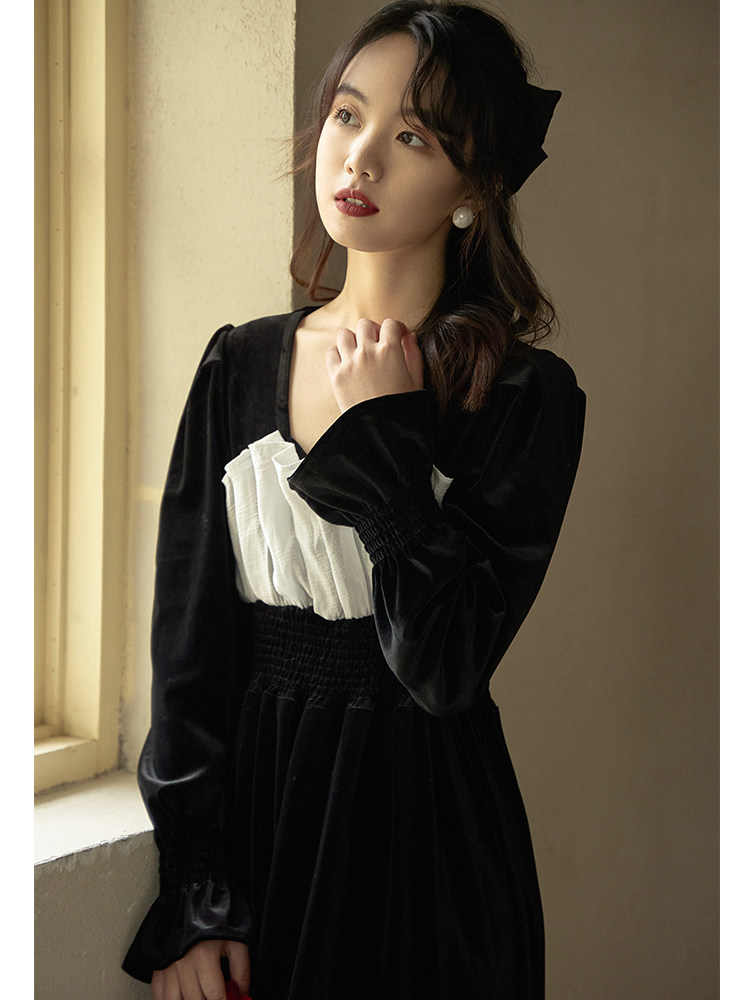 オケージョン ドレス 胸元切替フリル袖ベロアロングドレス