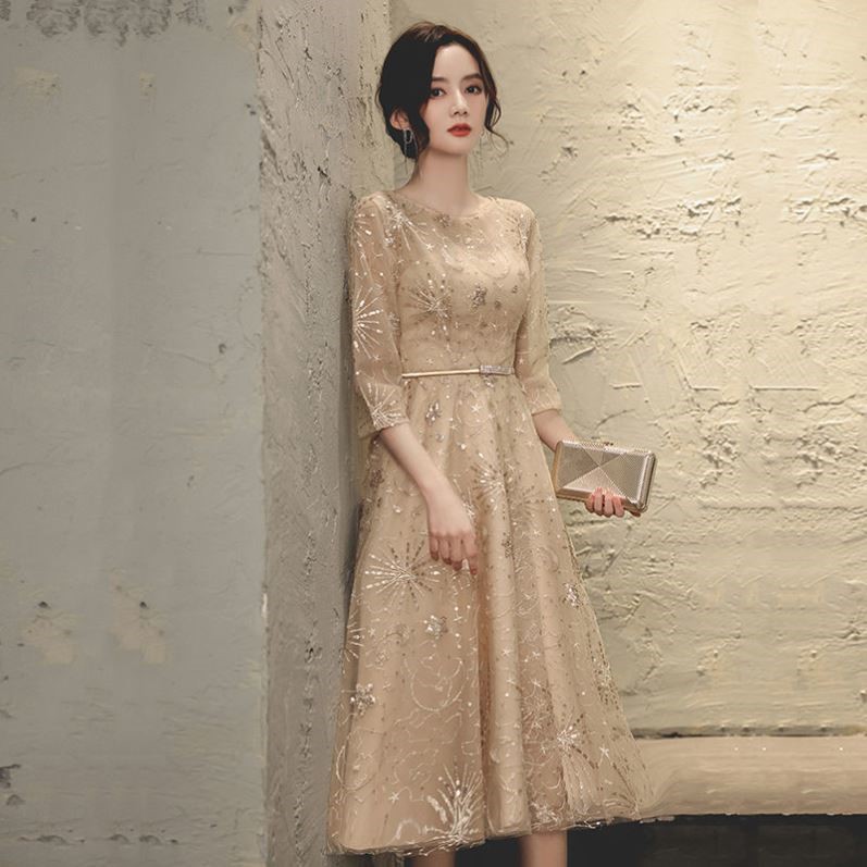 オケージョン ドレス 星空刺繍チュール五分袖ミディ丈ドレス