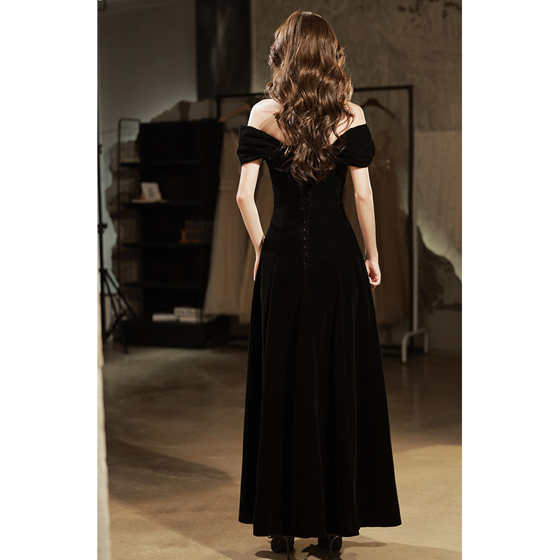 オケージョン ドレス ベルベット生地リボン袖オフショルロング丈ドレス