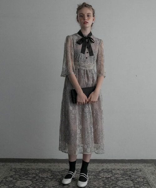 オケージョン ドレス 襟元リボン付き総レース七分袖ワンピース