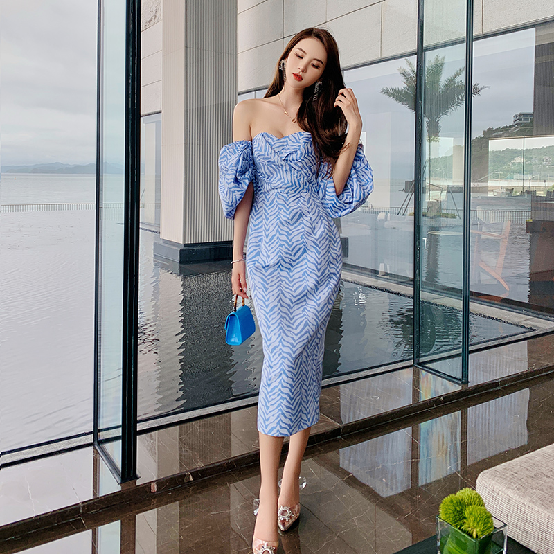 オケージョン ドレス 幾何学柄パフスリーブオフショルダーミディ丈ドレス