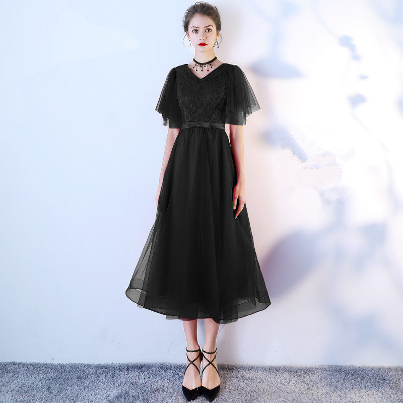 オケージョン ドレス レース切替フレアチュール袖付きロングドレス