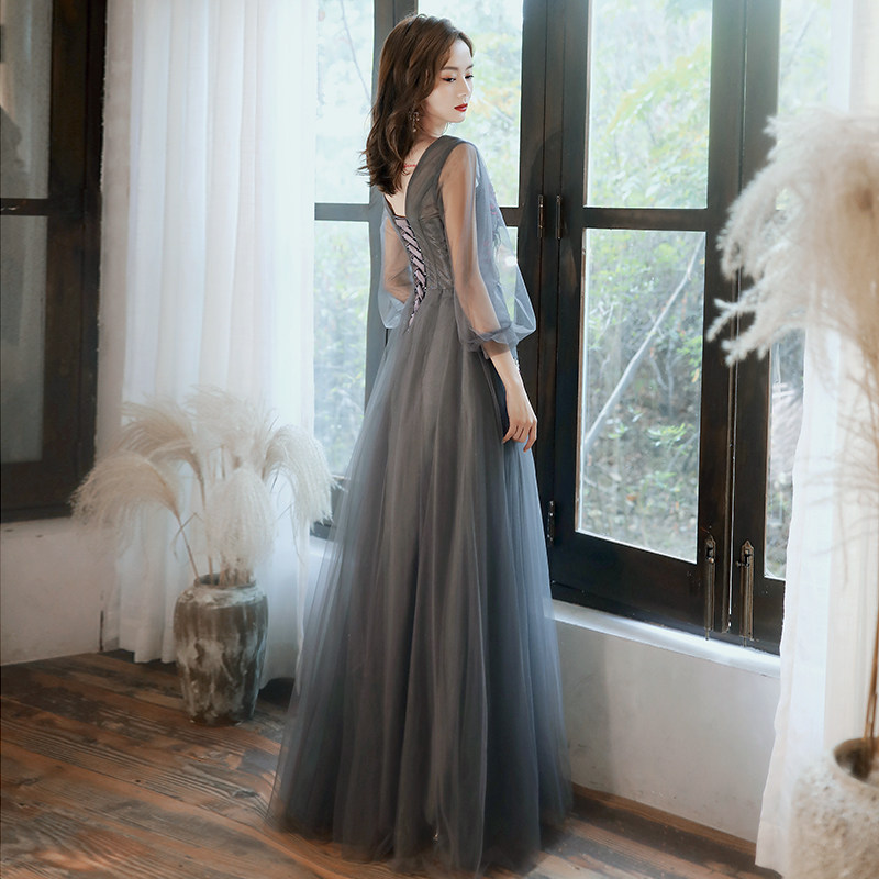 オケージョン ドレス 花刺繍シアースリーブチュールロングドレス