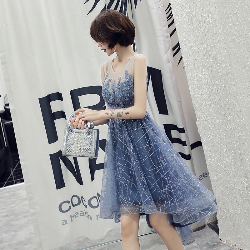 オケージョン ドレス 煌めき刺繍チュール裾非対称ノースリーブドレス