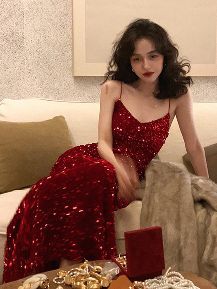 オケージョン ドレス 煌めきスパンコール細身細紐マーメイドロングドレス