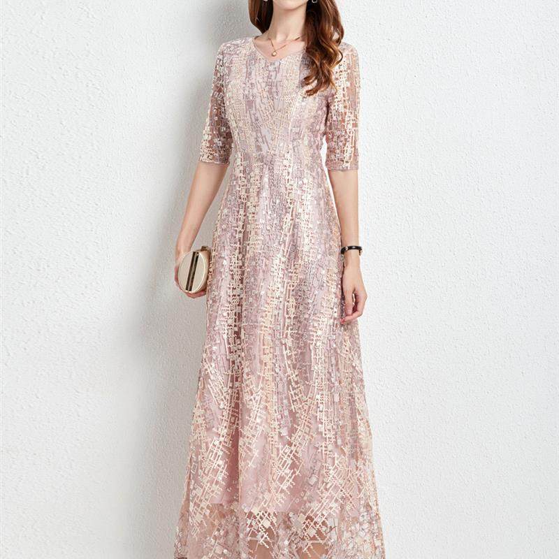 オケージョン ドレス 総スパンコール刺繍五分袖ロング丈ワンピース