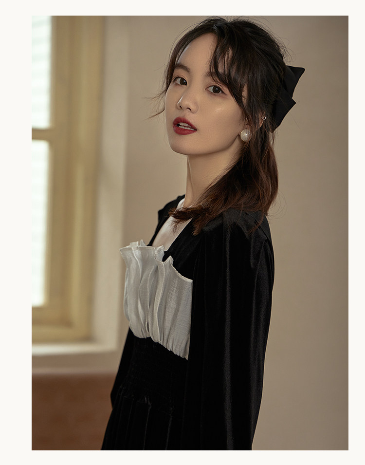 オケージョン ドレス 胸元切替フリル袖ベロアロングドレス