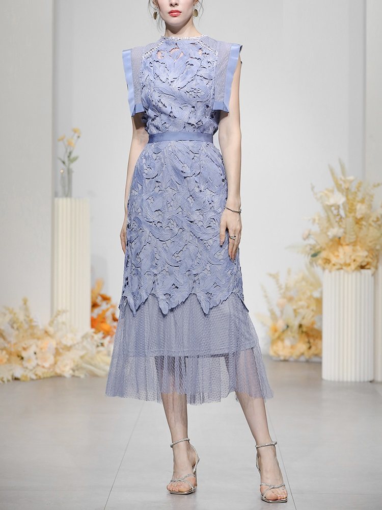 オケージョン ドレス 立体刺繍チュール切替袖フリルミディ丈ドレス