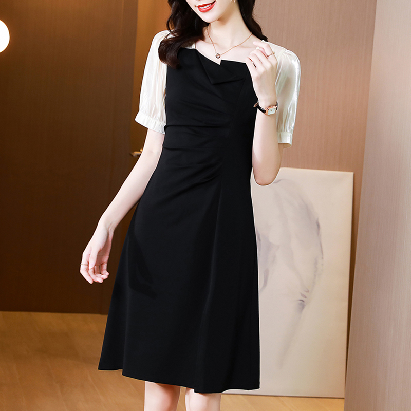 オケージョン ドレス 配色パフスリーブ切替襟付き上品膝丈ワンピース