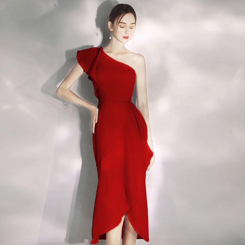 オケージョン ドレス ワンショルダーフリル袖ミディ丈オケージョンドレス