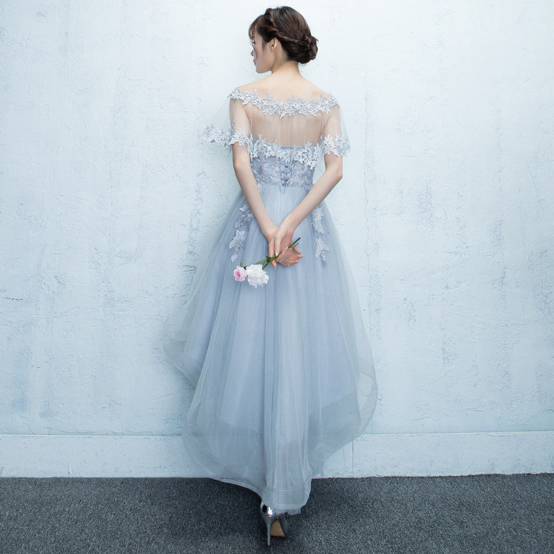 オケージョン ドレス 花柄刺繍レース前短後長裾チュールドレス