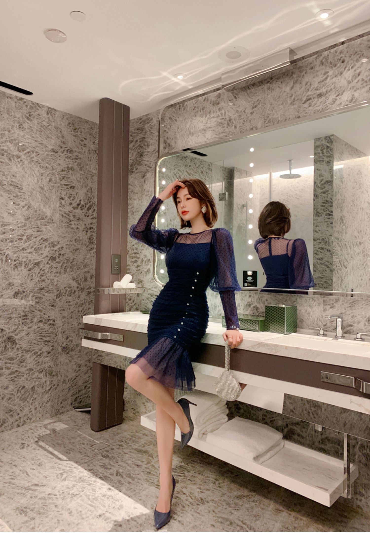 オケージョン ドレス ドット柄チュール袖マーメイドラインドレス