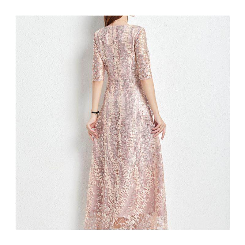 オケージョン ドレス 総スパンコール刺繍五分袖ロング丈ワンピース