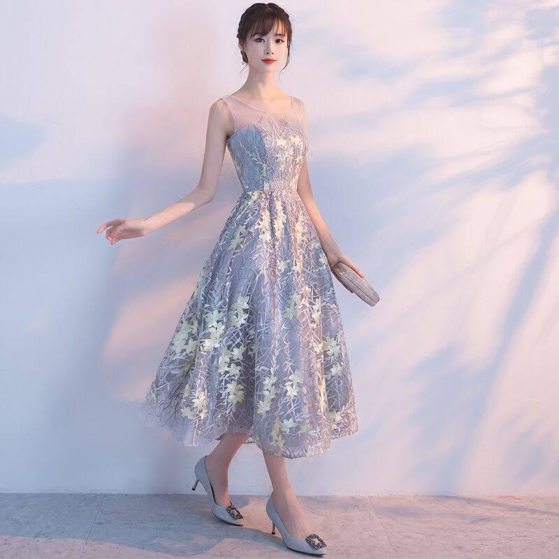 オケージョン ドレス 花柄刺繍チュールノースリーブミディ丈ワンピース