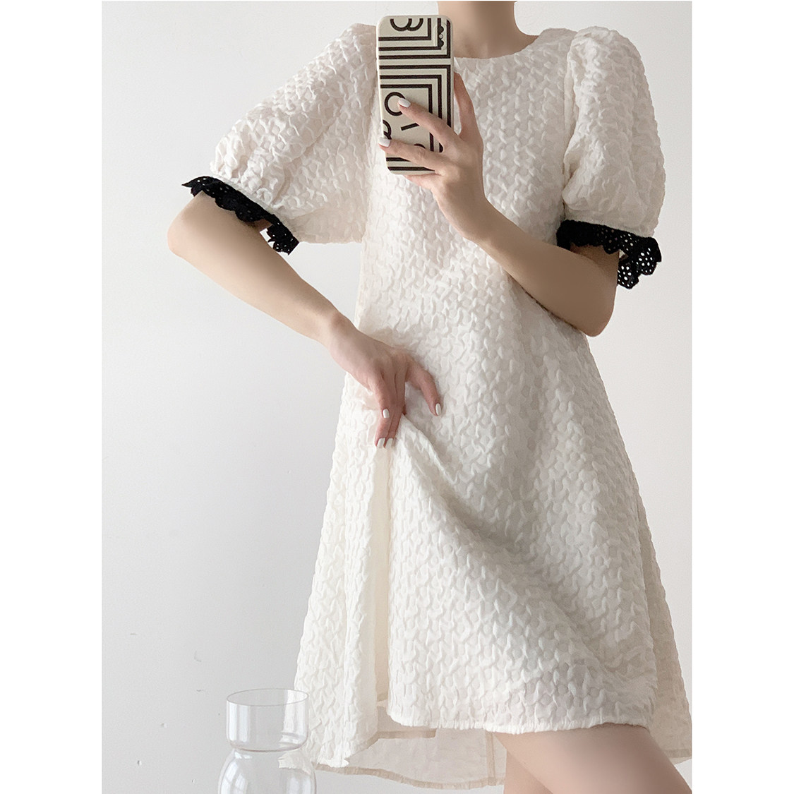 オケージョン ドレス パフスリーブジャガード織り膝丈上品ワンピース