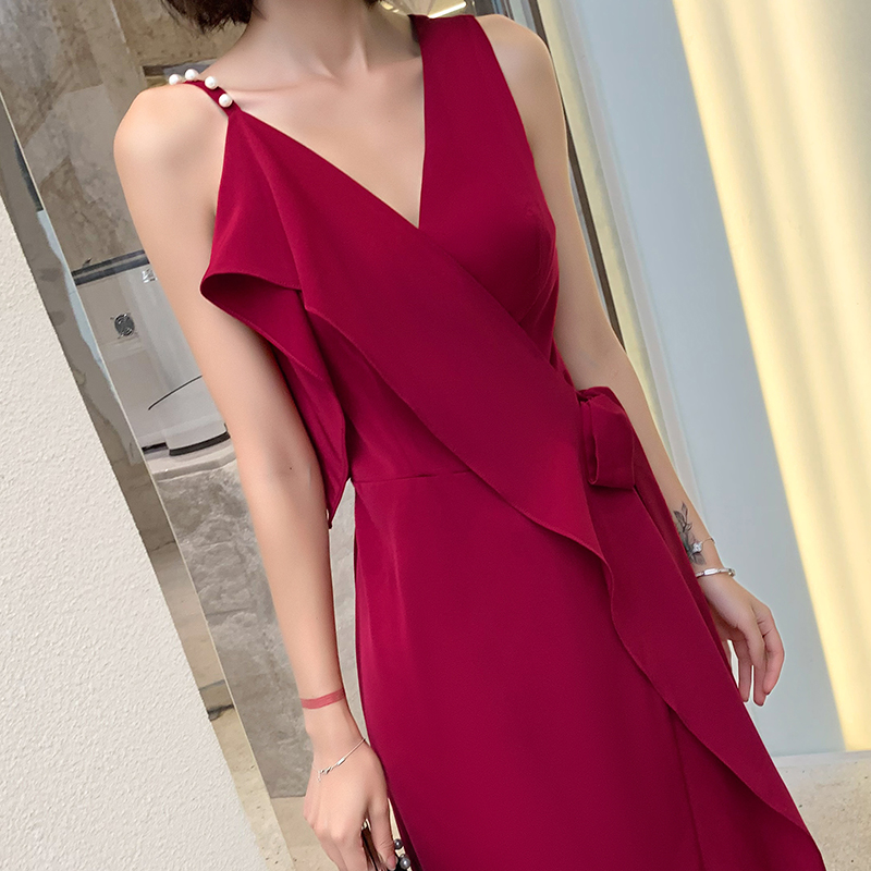 オケージョン ドレス パール付き非対称フリル深Vネックワンピース