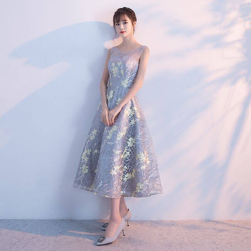 オケージョン ドレス 花柄刺繍チュールノースリーブミディ丈ワンピース