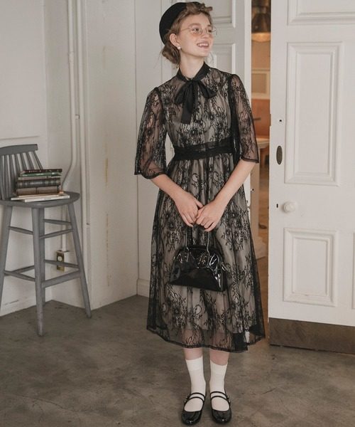 オケージョン ドレス 襟元リボン付き総レース七分袖ワンピース