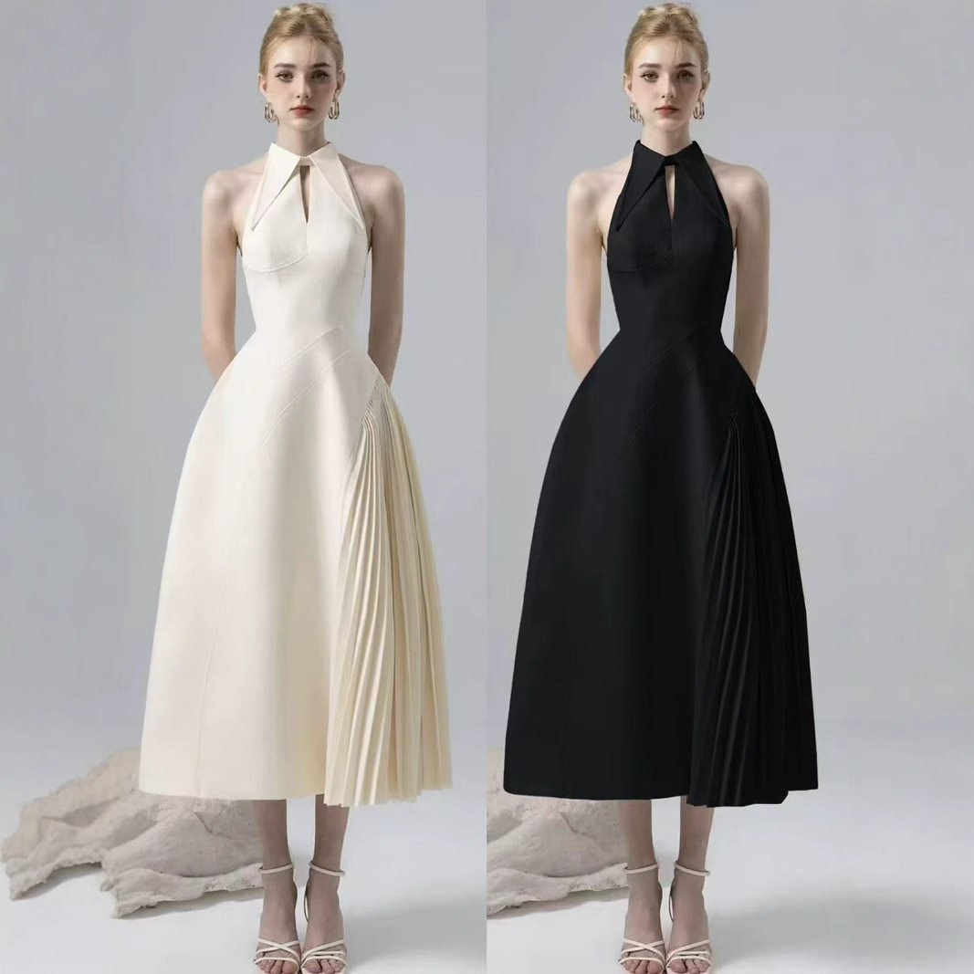 オケージョン ドレス ホルターネック立体プリーツ切替ミディ丈ワンピース