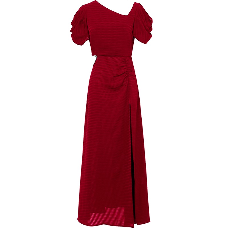 オケージョン ドレス パフスリーブアシンメトリーサイドスリット入りワンピース