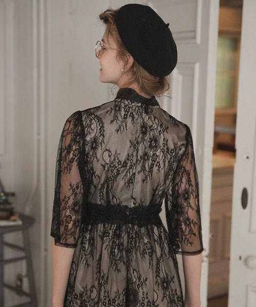 オケージョン ドレス 襟元リボン付き総レース七分袖ワンピース