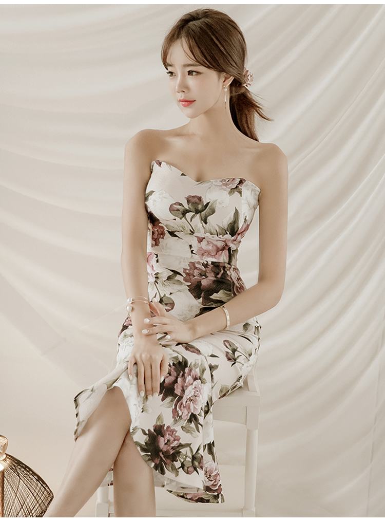 オケージョン ドレス 花柄ベアトップマーメイドラインタイトドレス