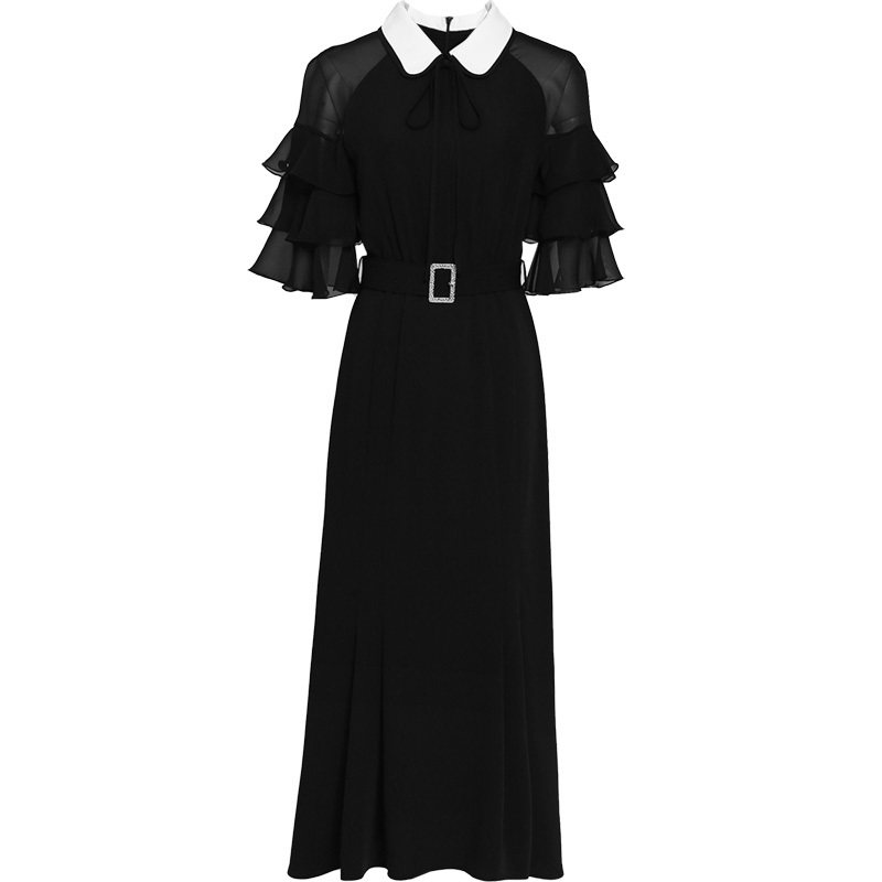 オケージョン ドレス 白襟ティアードスリーブベルト付きミモレ丈ワンピース